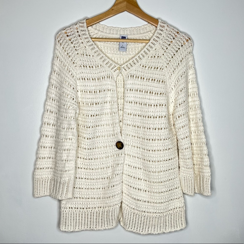 Gap white open knit cotton wool button front cardigan sweater L